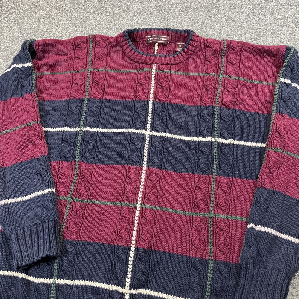 Vintage John Ashford Sweater Mens XL Red Pullover Cable Knit Cotton Plaid 90s